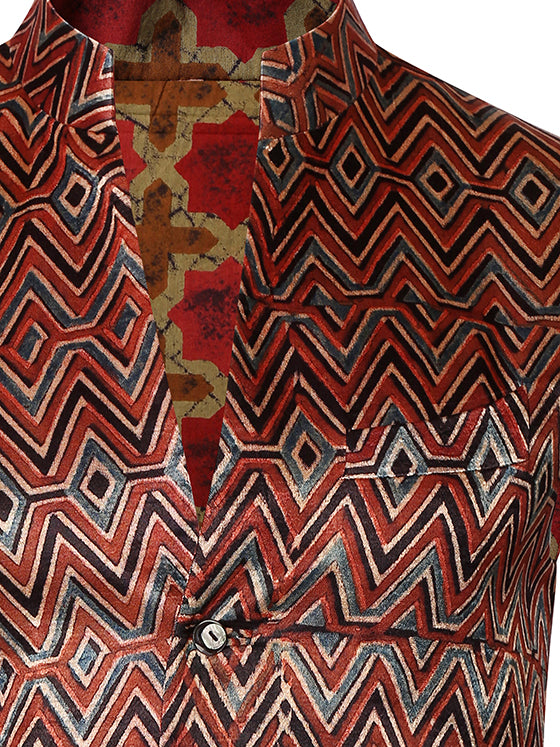 Red Printed Nehru Jacket