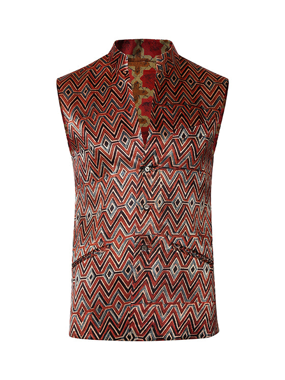 Red Printed Nehru Jacket