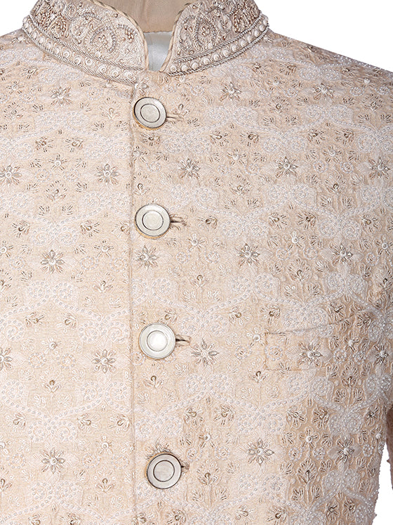 Peach Raw Silk Embroidered Sherwani