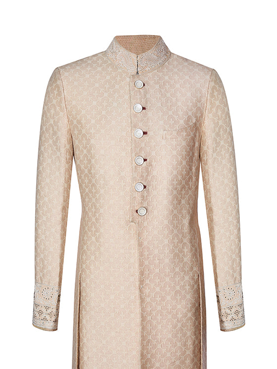 Light Peach Monga Chanderi Sherwani