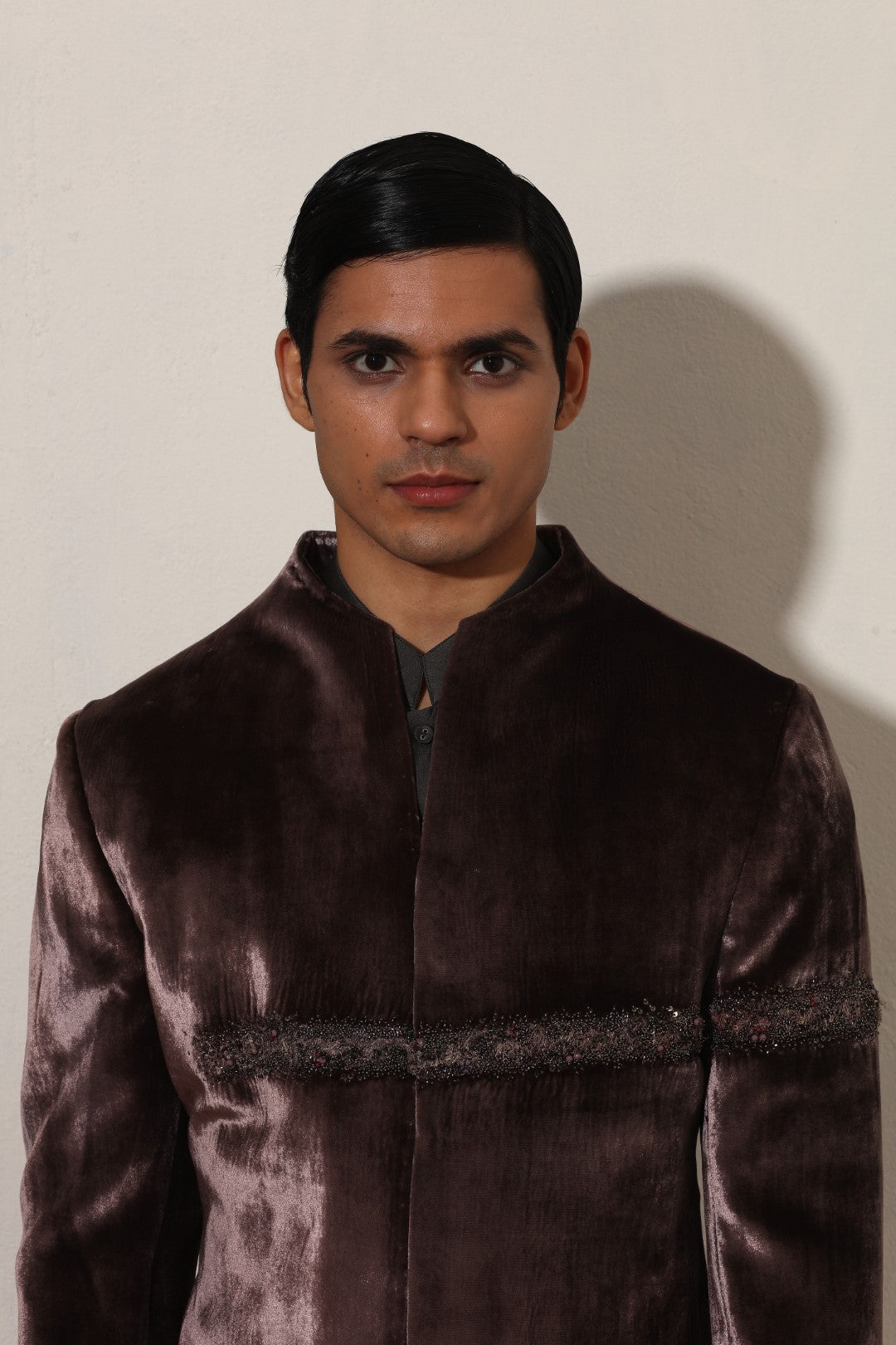 Velvet Built Up Neck Line Bandhgala Set