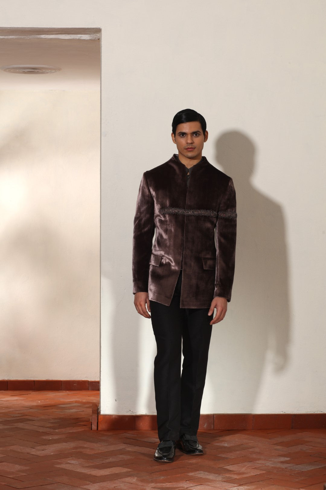 Velvet Built Up Neck Line Bandhgala Set
