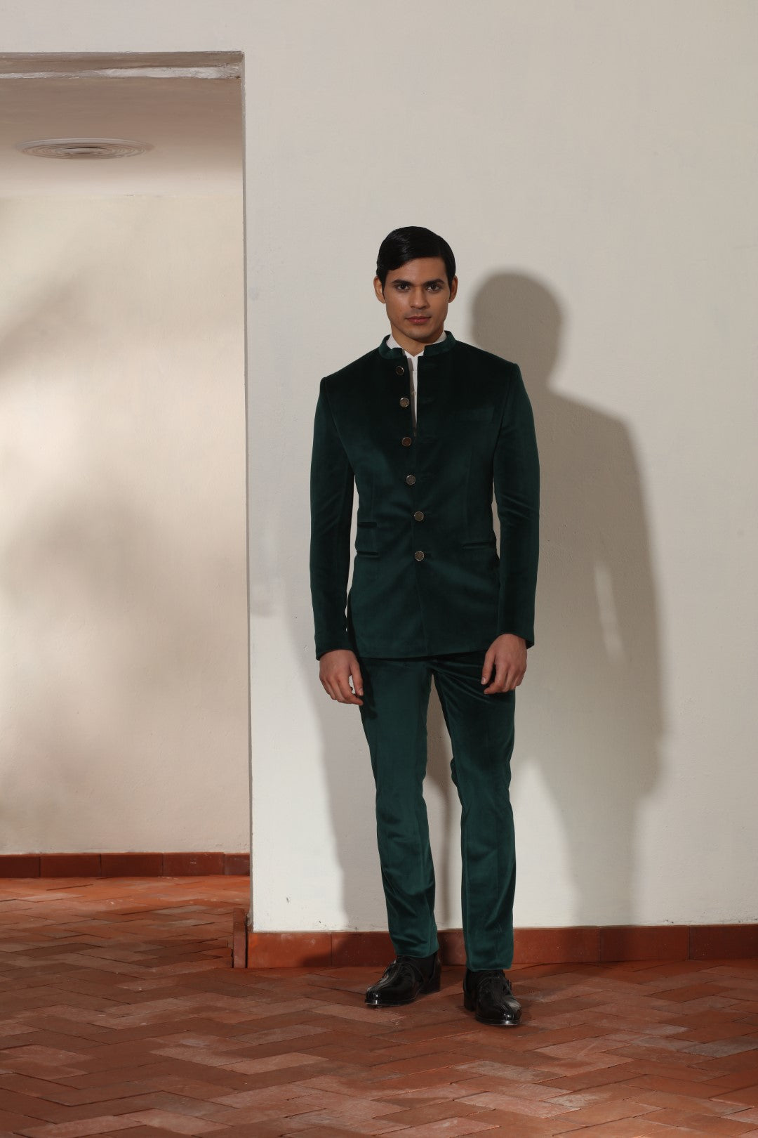 Green Velvet Bandhgala Set