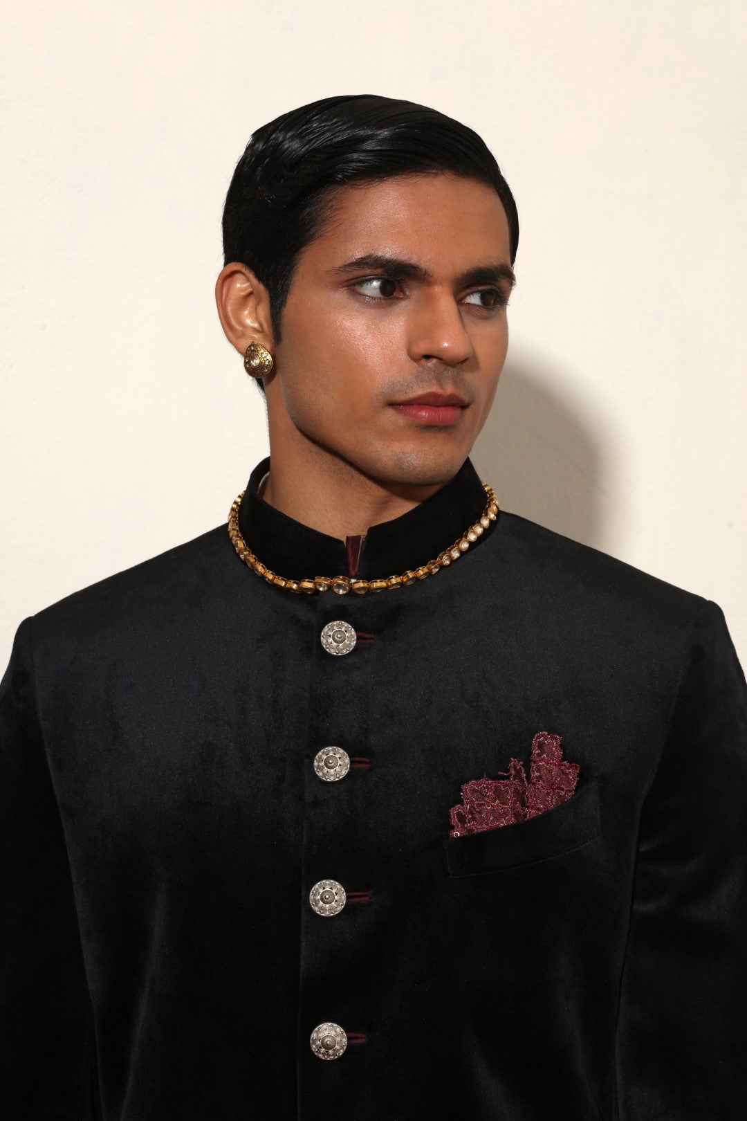 Navy Blue Matka Silk Corded Bandhgala Set