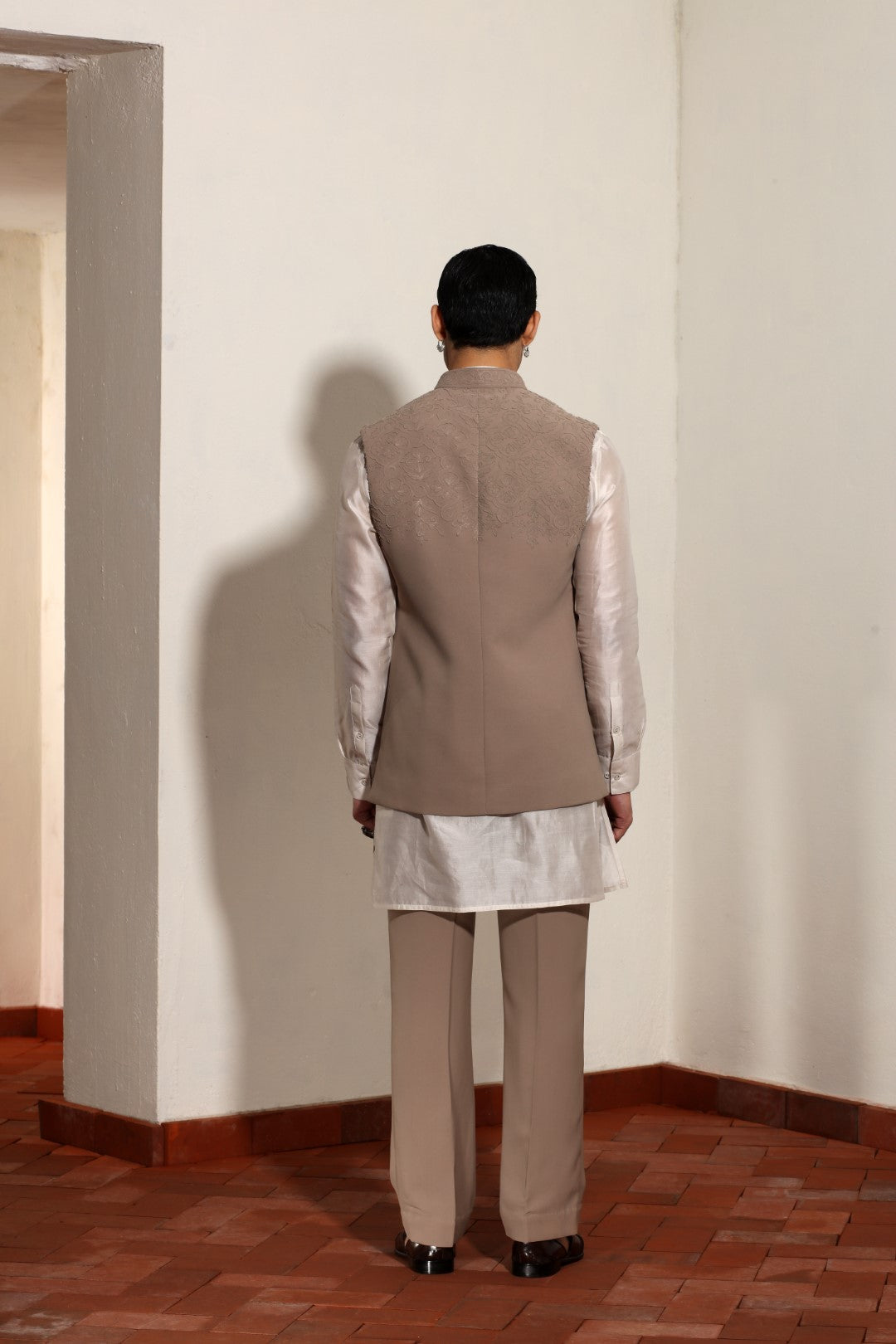 Awesome Crepe Khakhi Applique Bundi Set