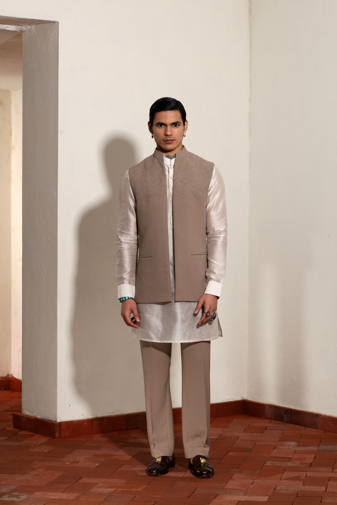 Awesome Crepe Khakhi Applique Bundi Set