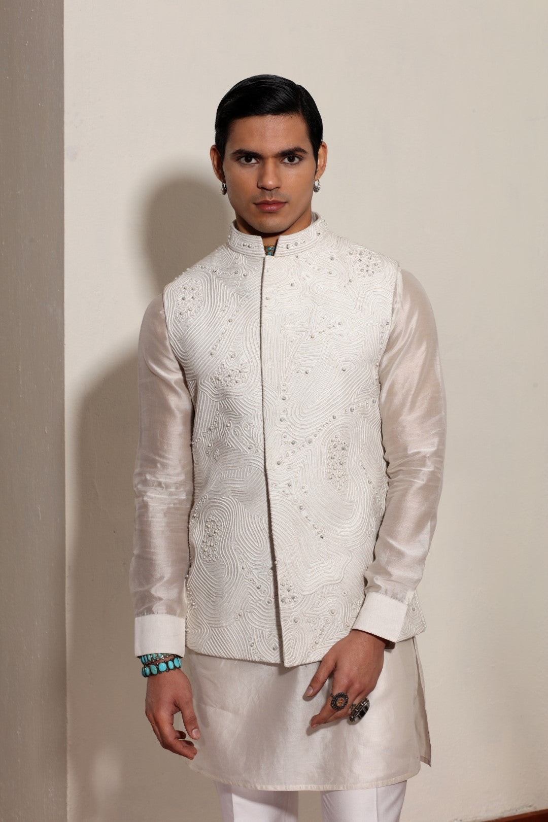 Chalk Colour Chanderi Corded Bundi Set