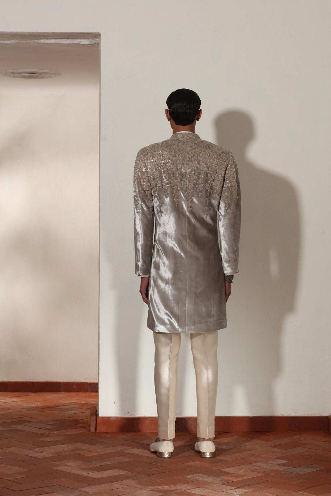 Light Gray Velvet Stoned Indo-Western Set