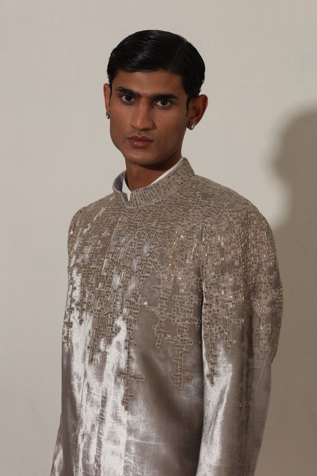 Light Gray Velvet Stoned Indo-Western Set