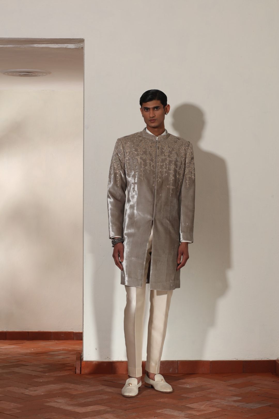 Light Gray Velvet Stoned Indo-Western Set