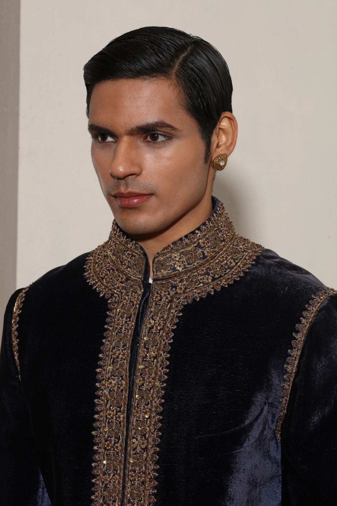 Navy Blue Velvet Zardozi Sherwani Set