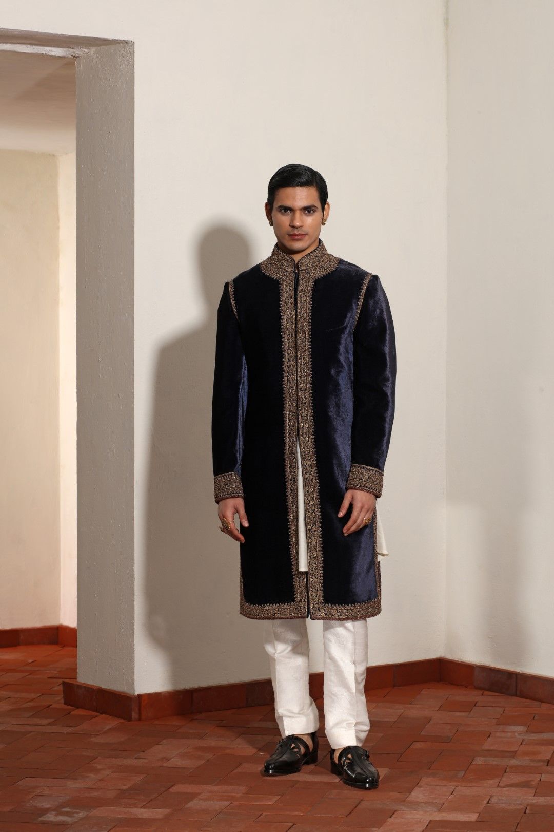 Navy Blue Velvet Zardozi Sherwani Set