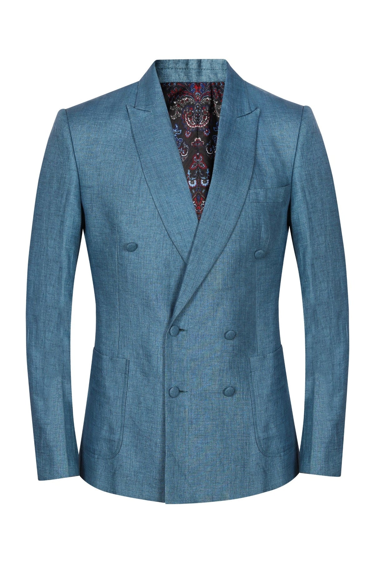 Blue linen jacket with a wing collar