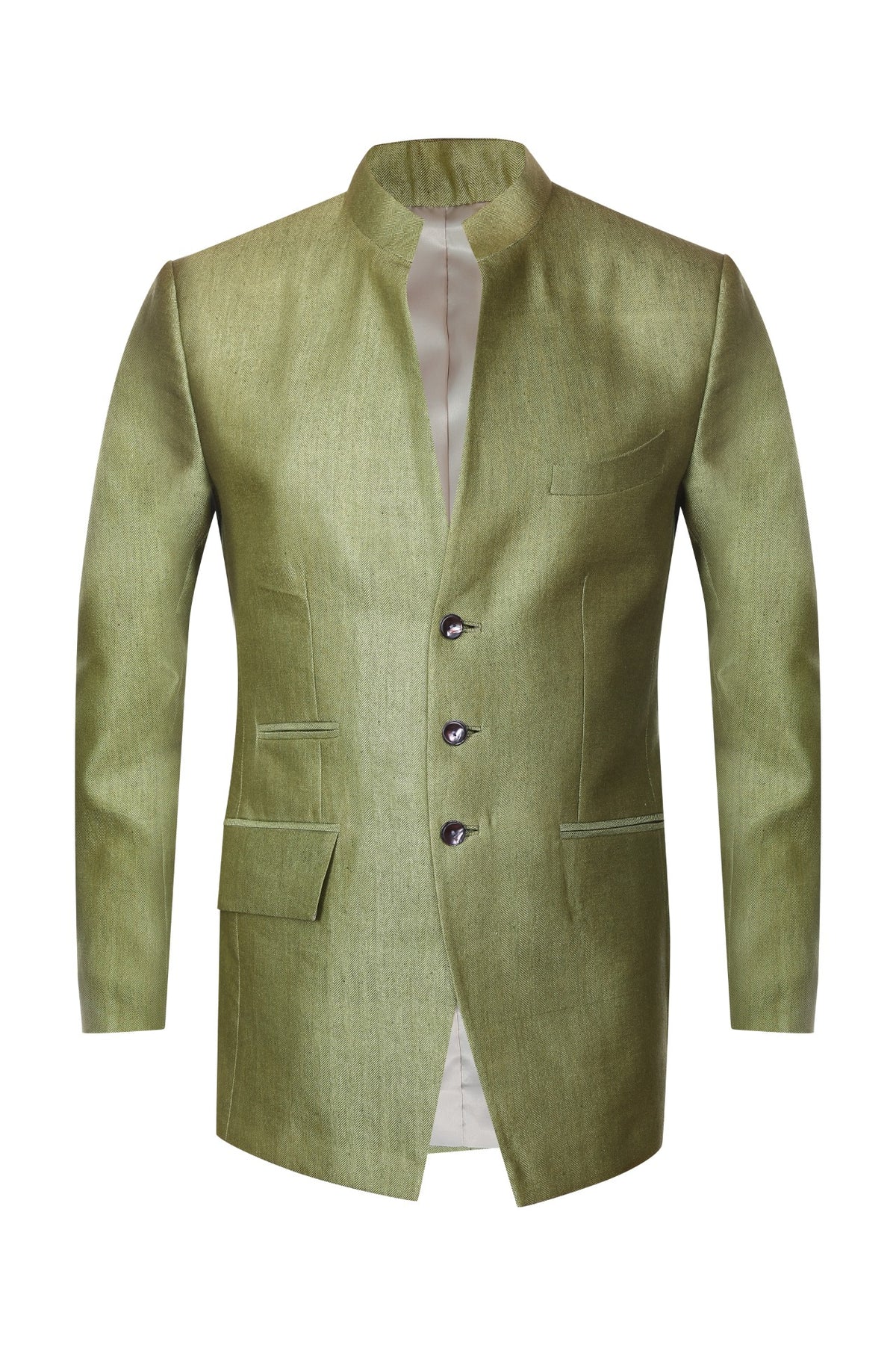 Green bandhgala in herringbone matka silk fabric