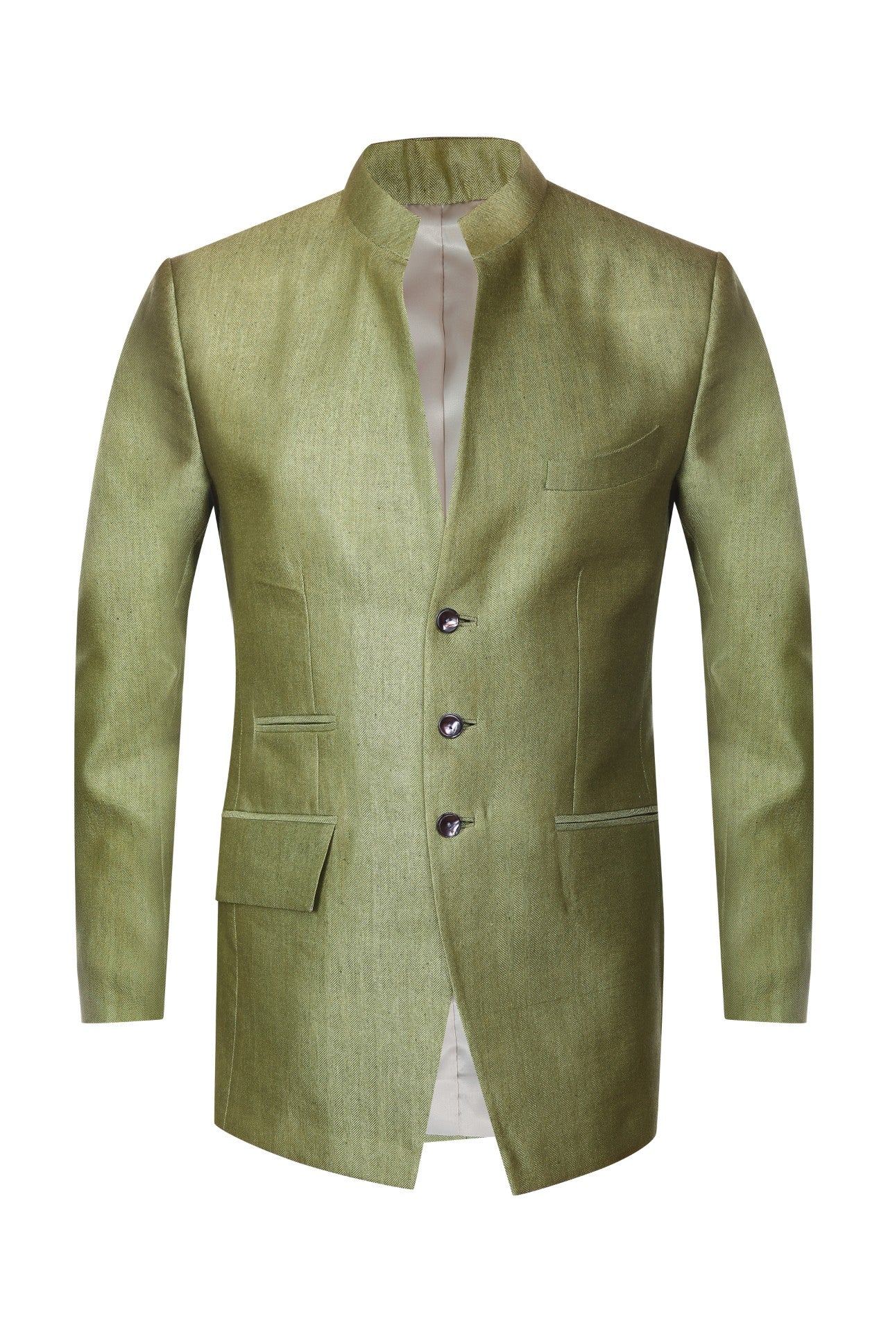Green Bandhgala in Herringbone Matka Silk Fabric