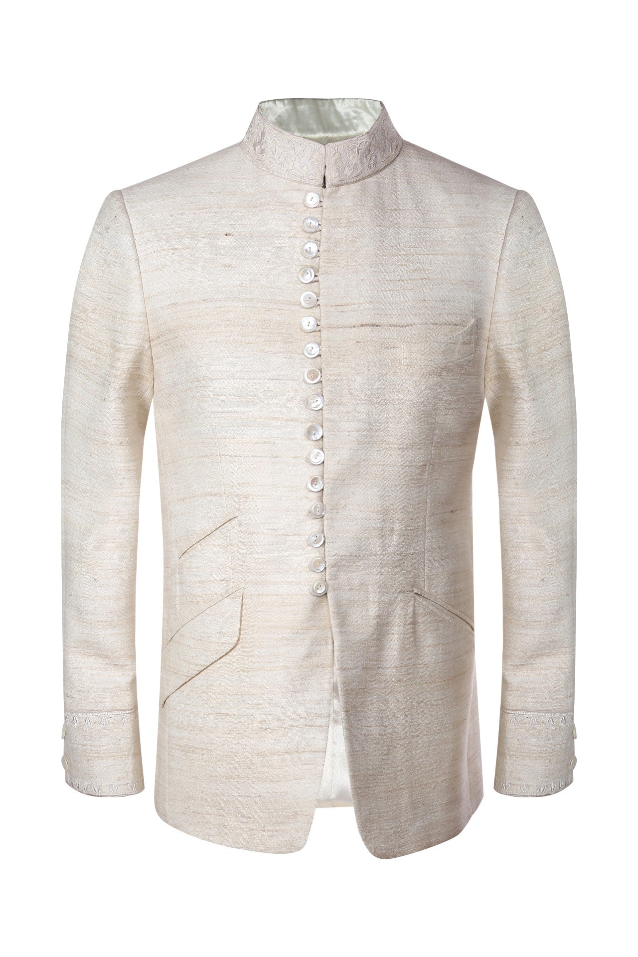 Ivory matka silk bandhgala with embroidery details