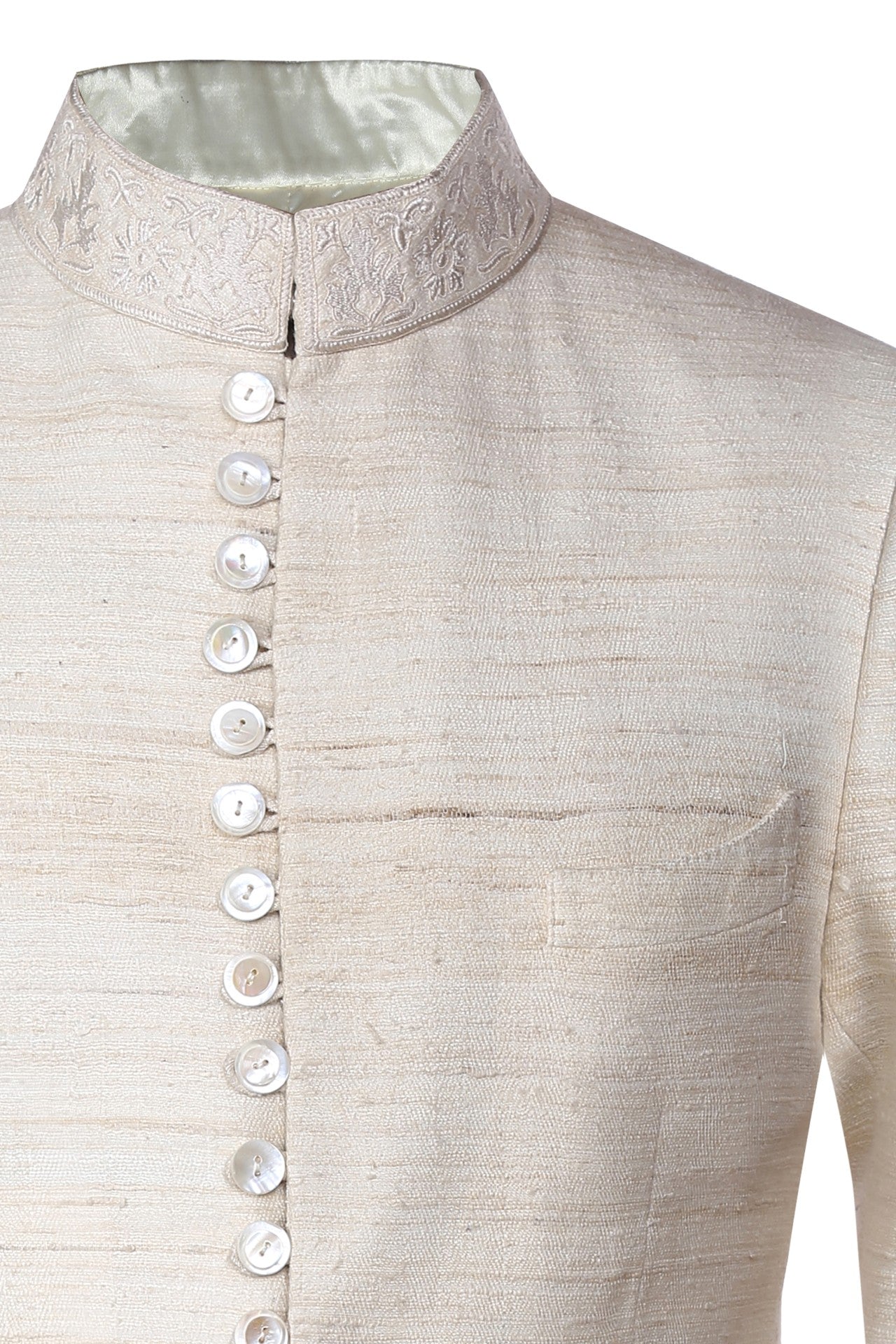 Ivory matka silk bandhgala with embroidery details