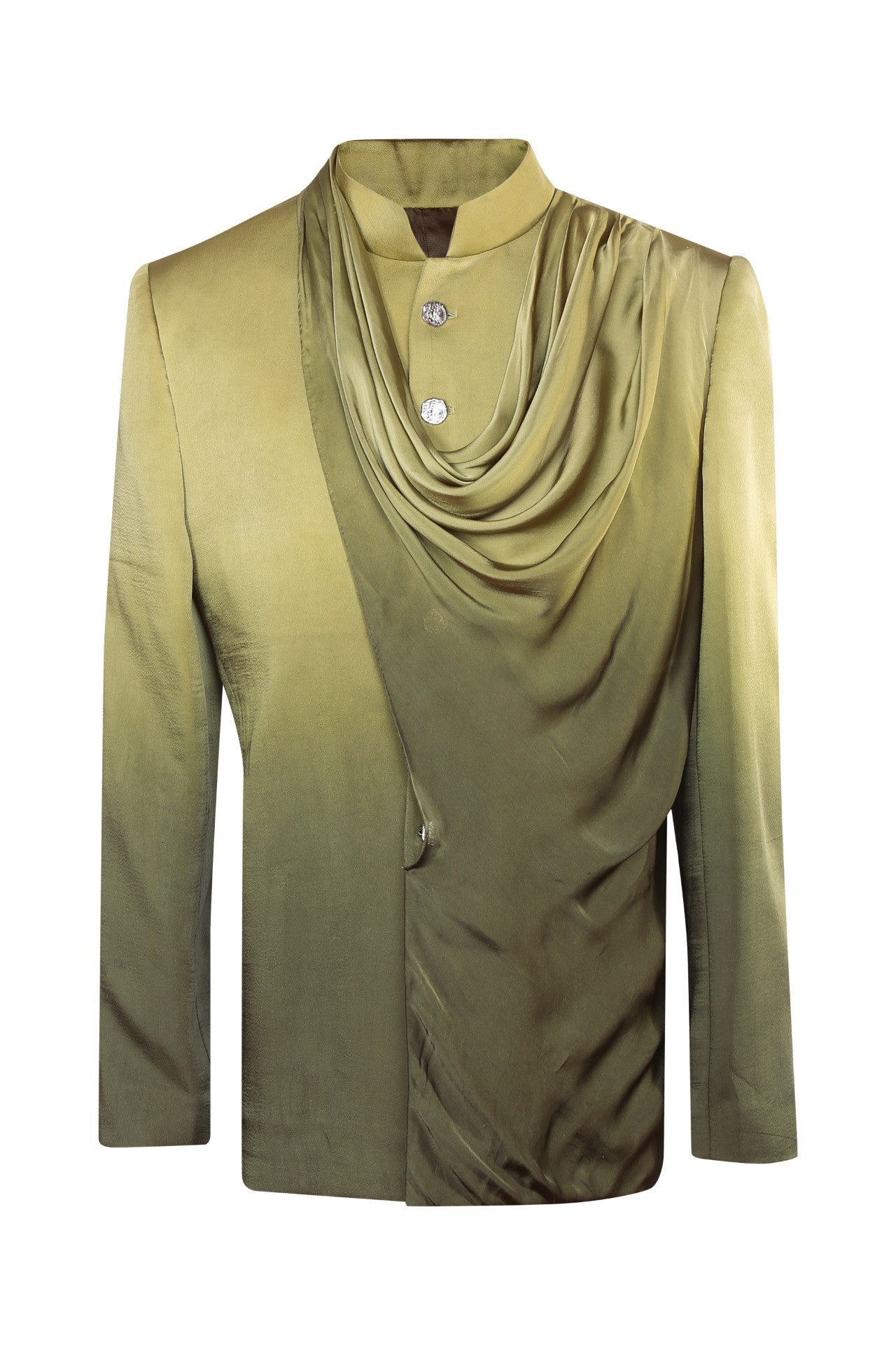 Green monochromatic ombré bandhgala with shawl drape in cupro satin