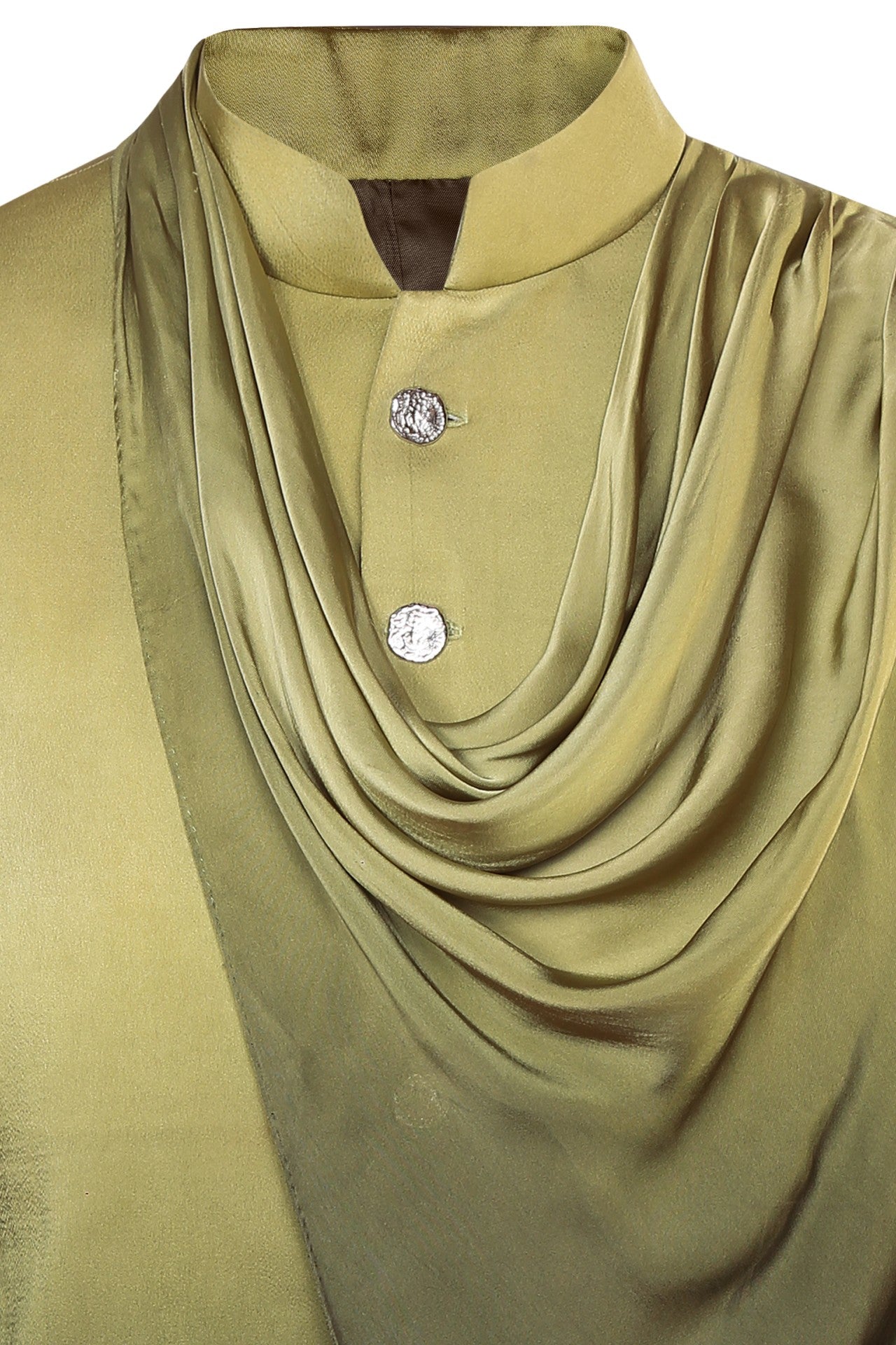 Green monochromatic ombré bandhgala with shawl drape in cupro satin