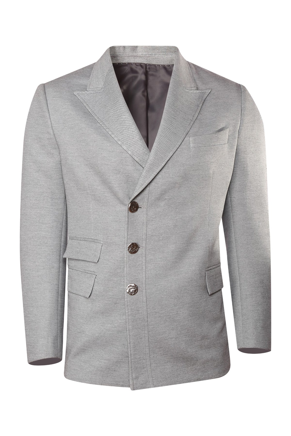 Grey knitted wing collar jacket with asymmetric front