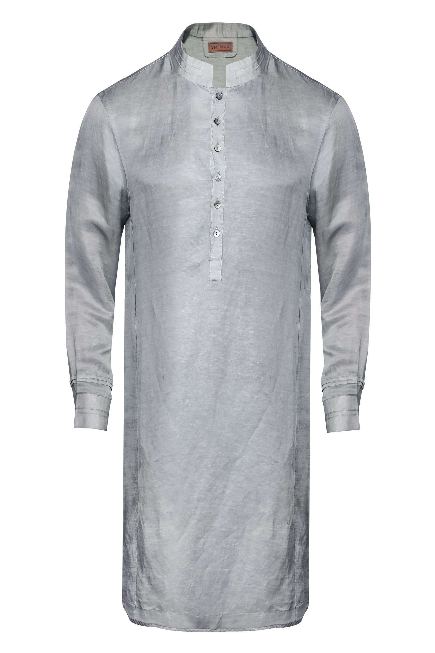 STEEL GREY CLASSIC LINEN SATIN KURTA WITH INTRICATE TAILORING DETAILS