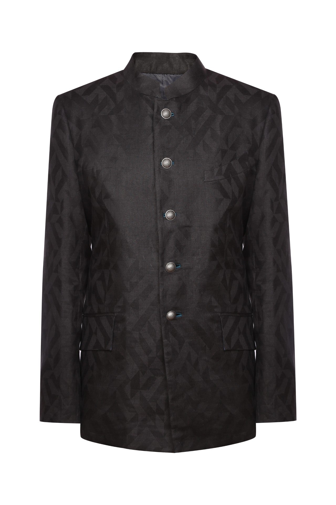 Black pure linen jacquard bandhgala