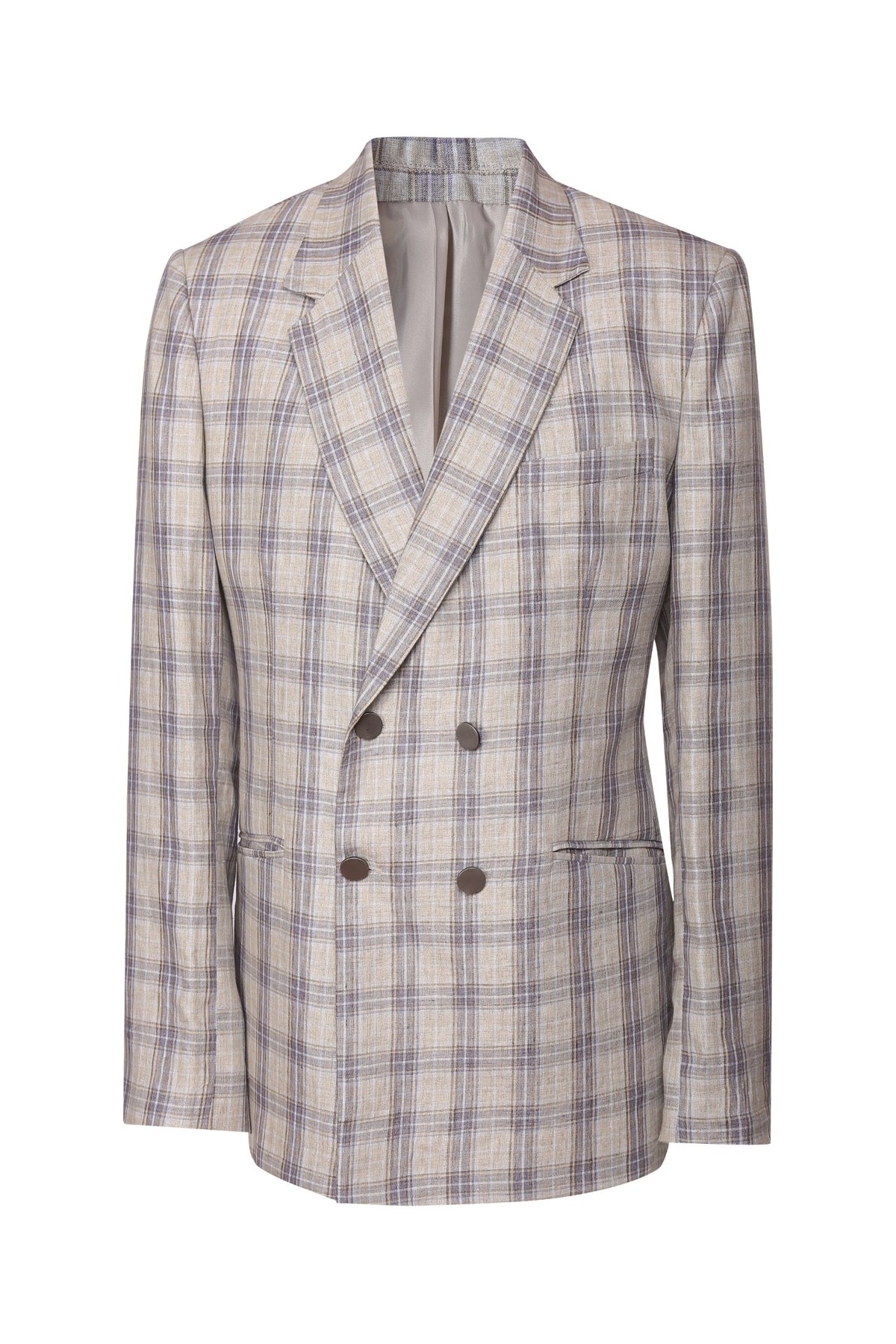 Beige checkered double breasted jacket in linen