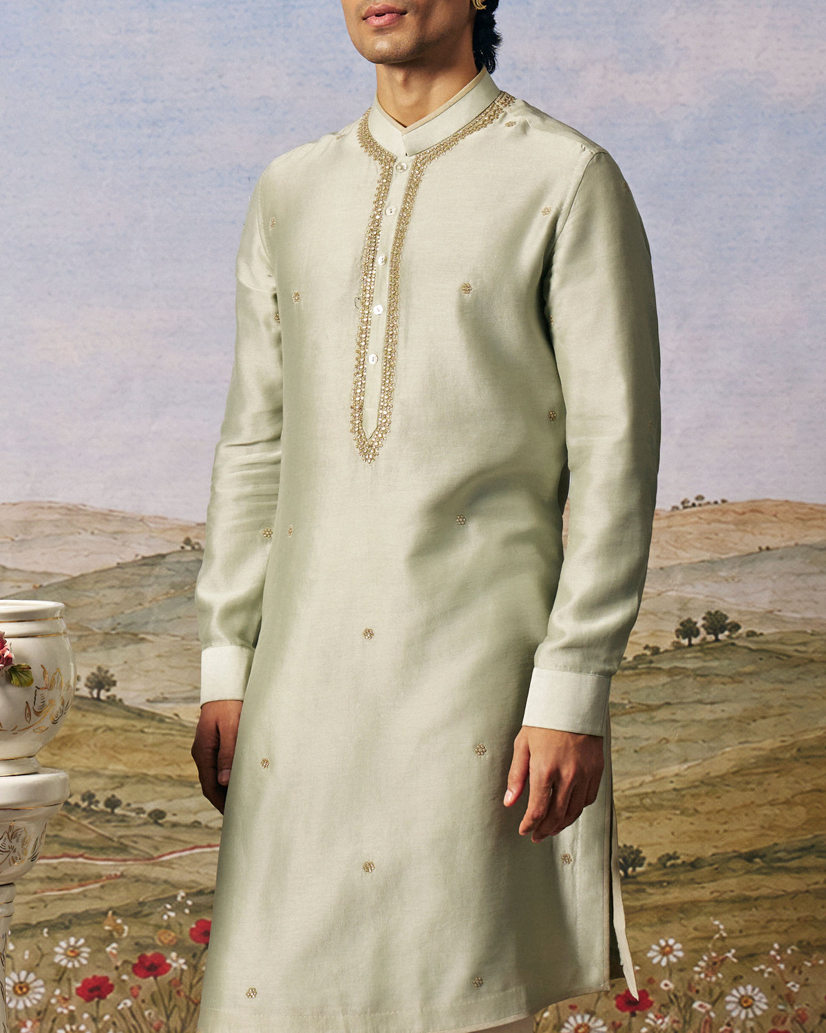 Sage Green Chanderi Embroidered Kurta Set