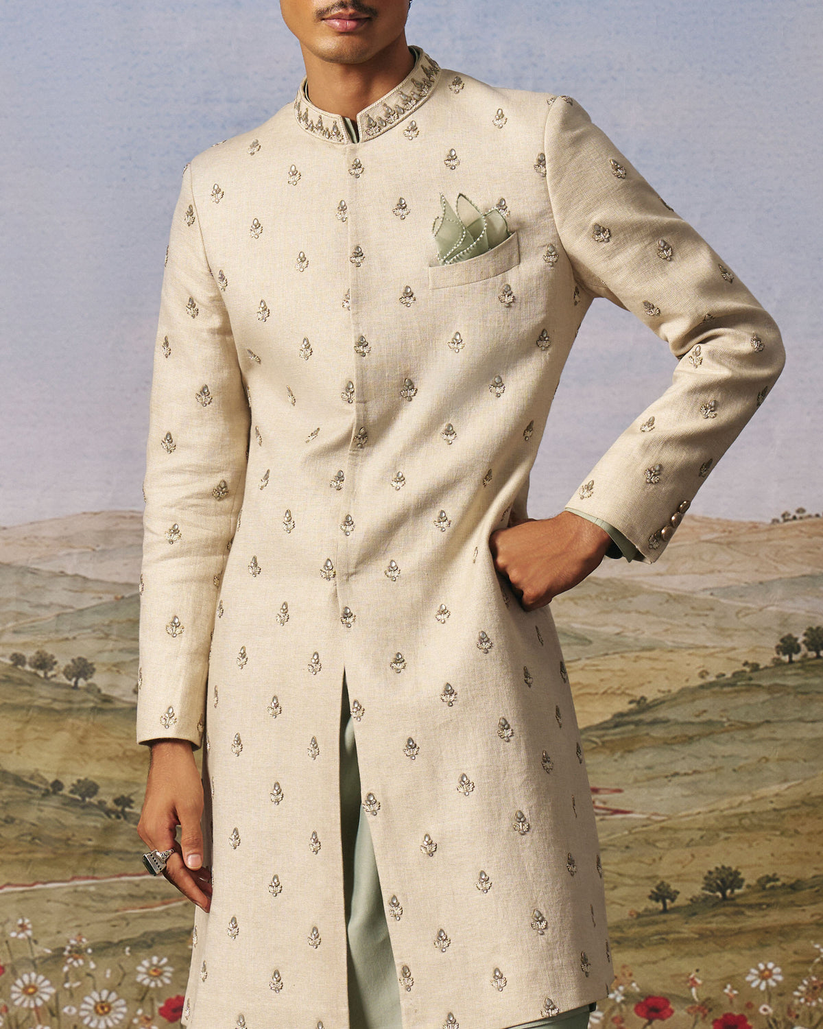 Light Grey Linen Embroidered Indo-Western