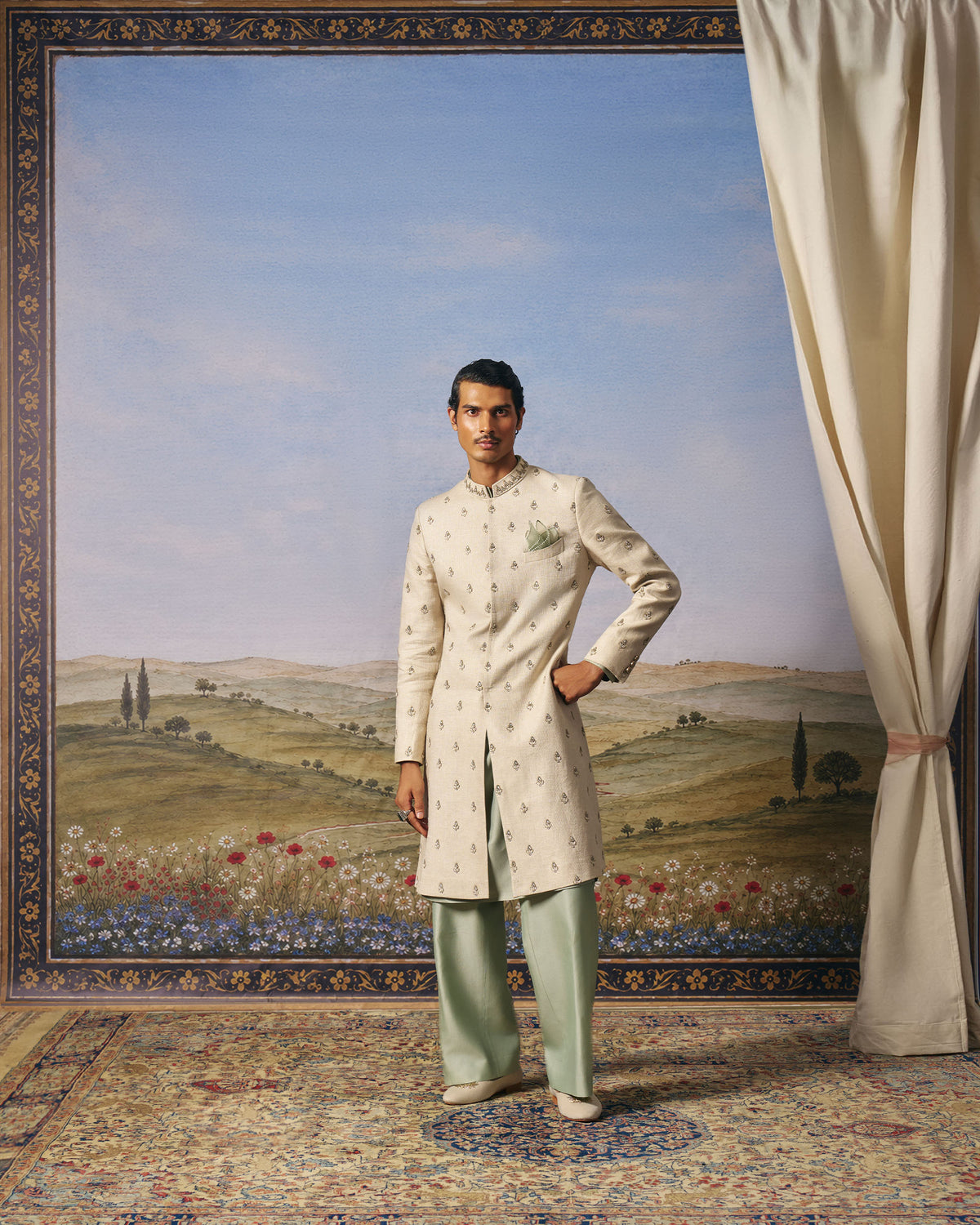 Light Grey Linen Embroidered Indo-Western