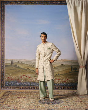 Light Grey Linen Embroidered Indo-Western