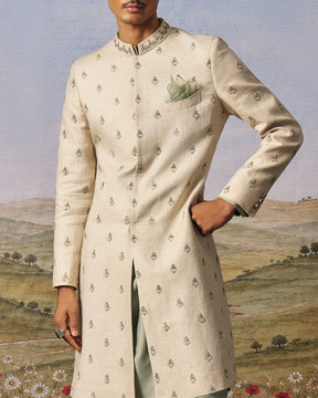 Light Grey Linen Embroidered Indo-Western