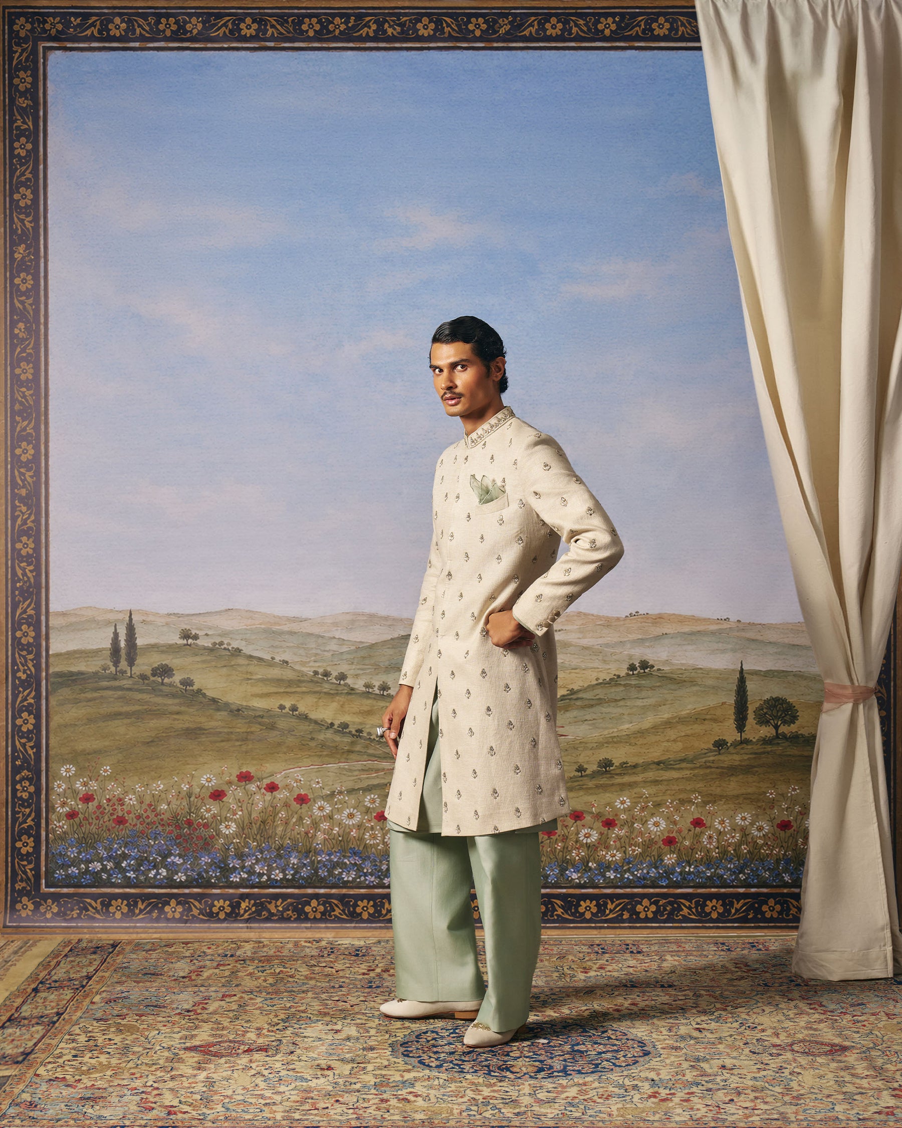 Light Grey Linen Embroidered Indo-Western