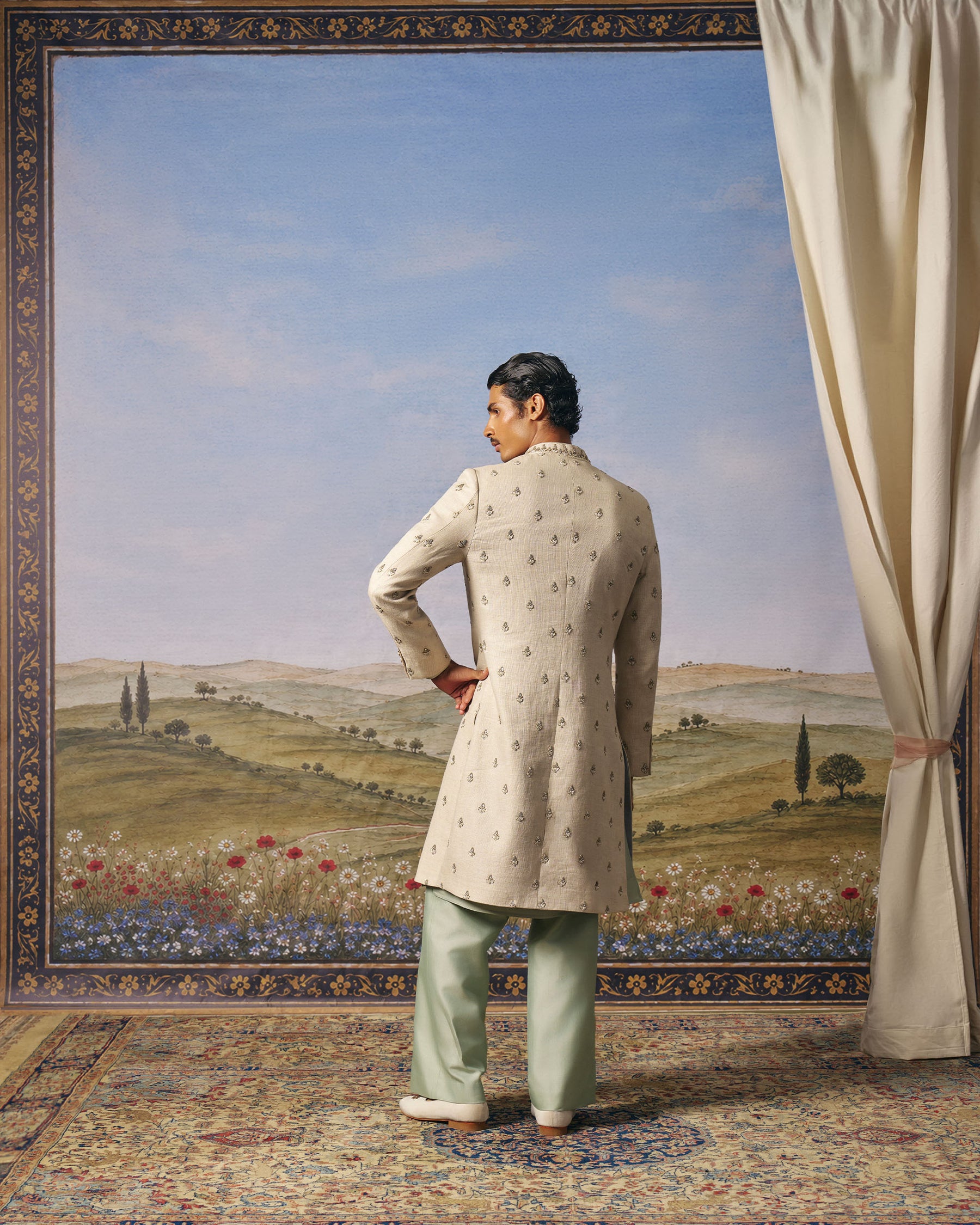 Light Grey Linen Embroidered Indo-Western