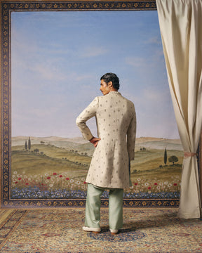 Light Grey Linen Embroidered Indo-Western