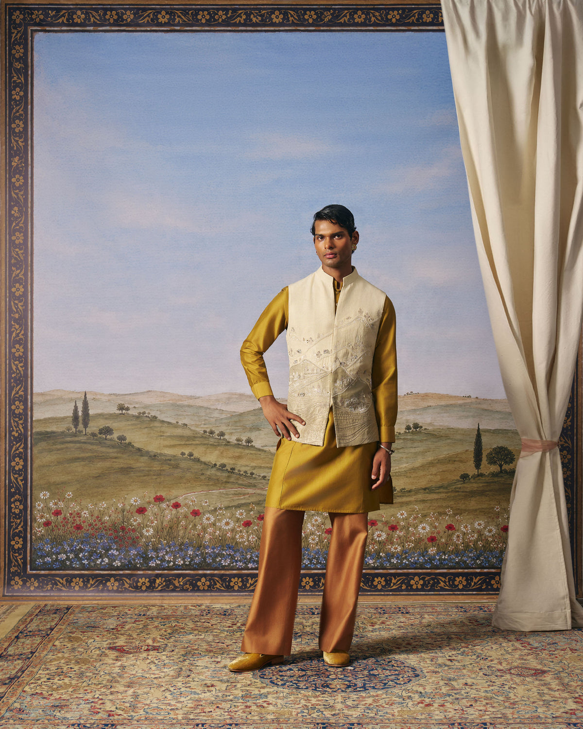 Beige Landscape Embroidered Bundi