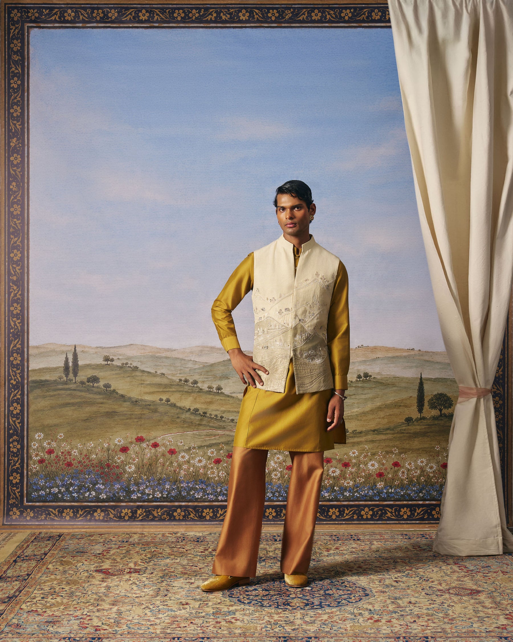 Beige Landscape Embroidered Bundi