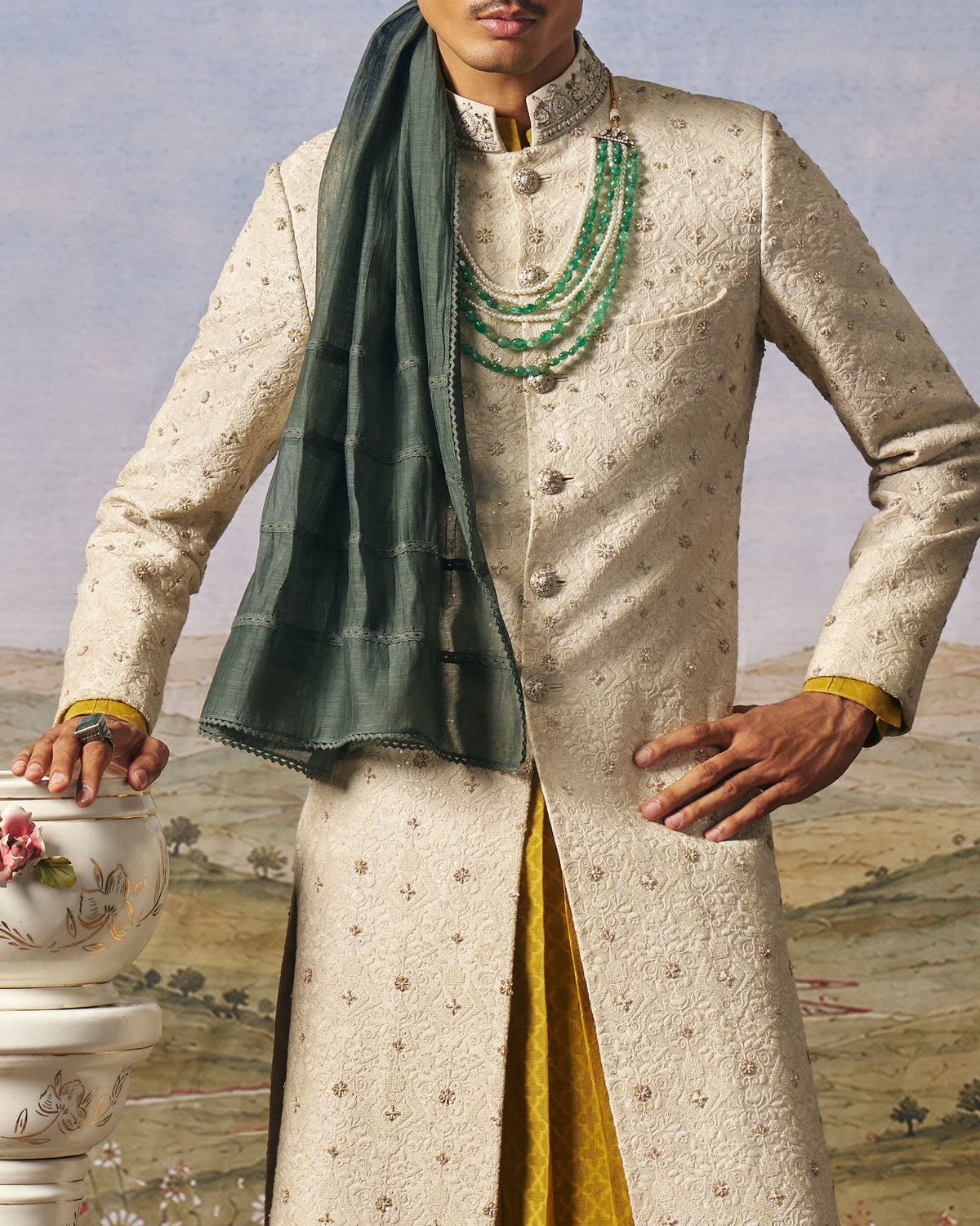 Light Grey Threadwork Sherwani Set