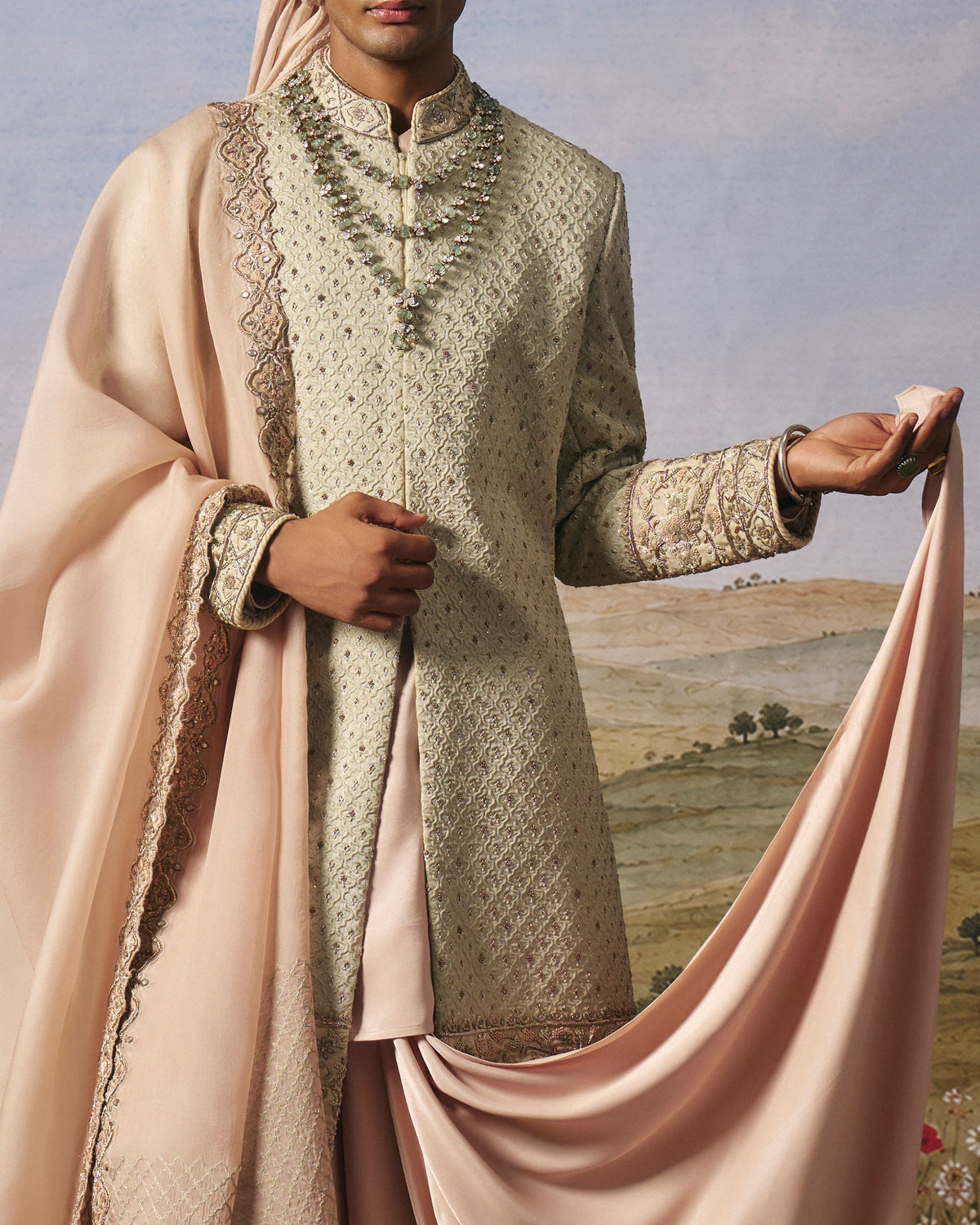Sage Green Corded Sherwani