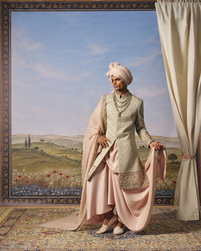 Sage Green Corded Sherwani Set
