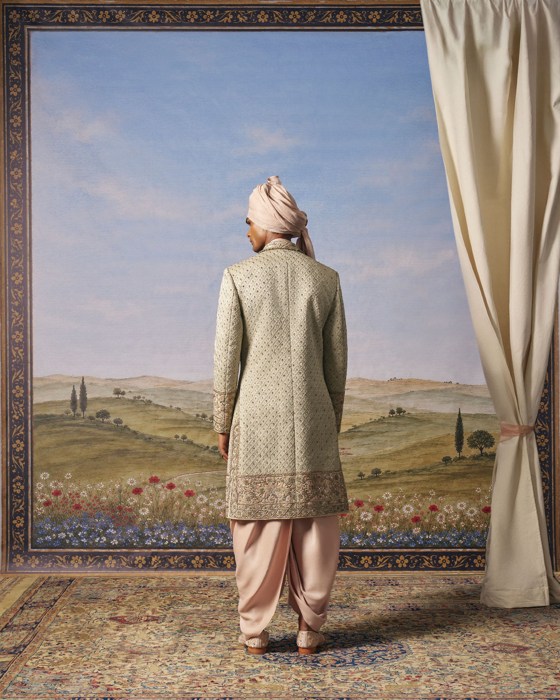 Sage Green Corded Sherwani Set