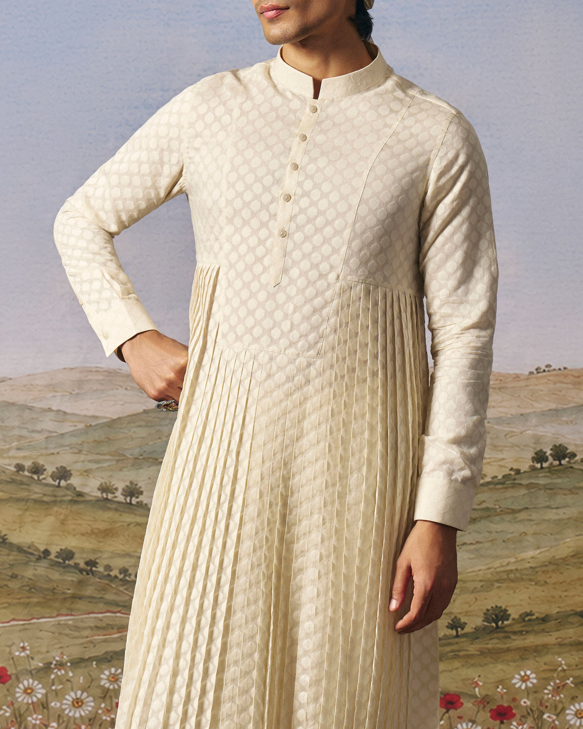 Ivory Cutwork Chanderi Fully Pleated Kurta Set