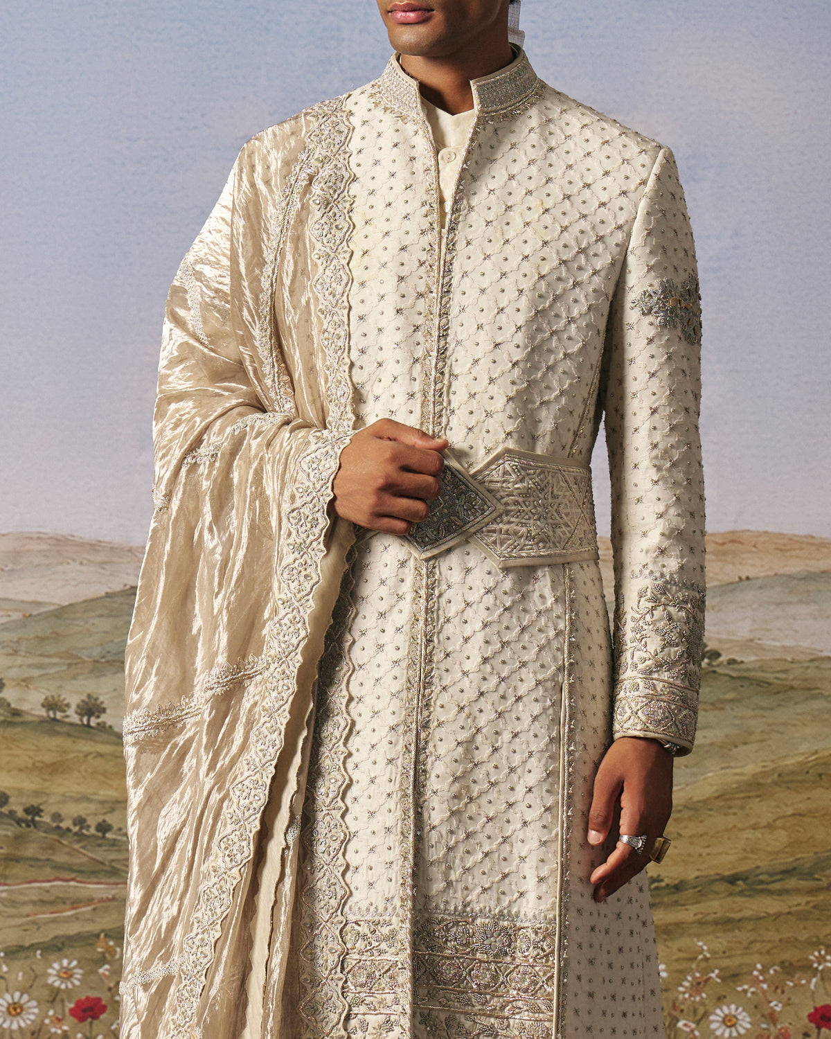 Ivory Chikankari Layered Sherwani Set