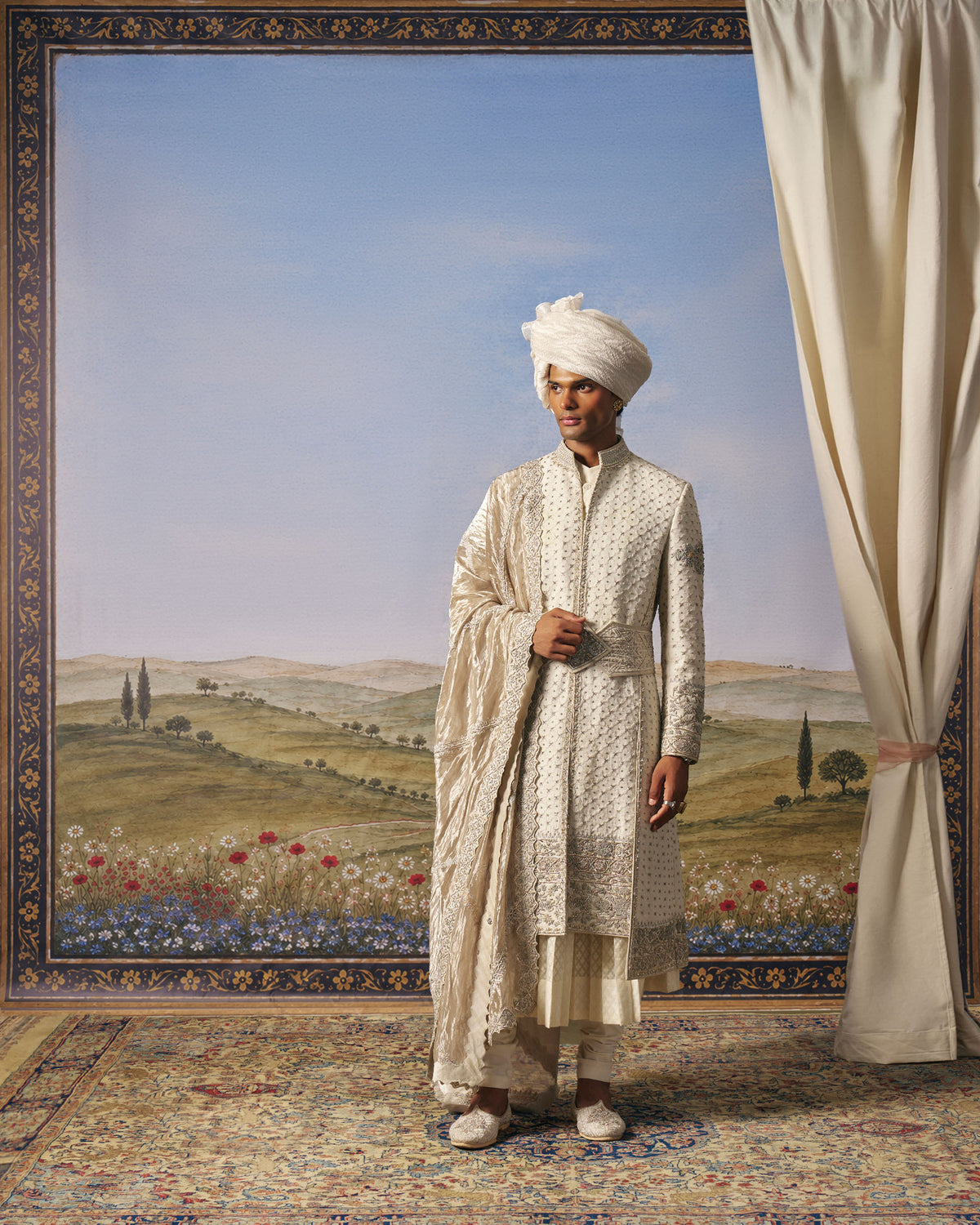Ivory Chikankari Layered Sherwani Set