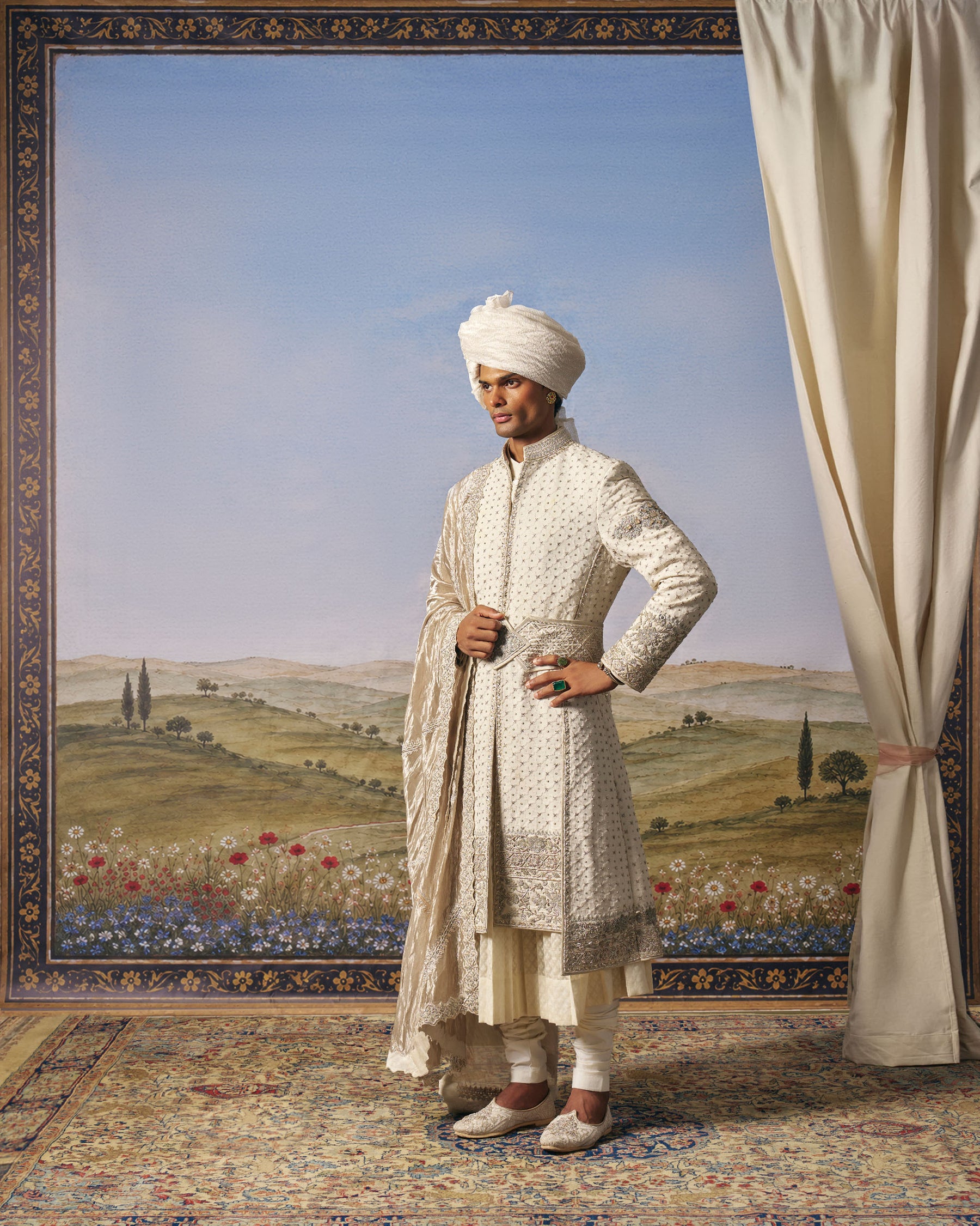 Ivory Chikankari Layered Sherwani Set