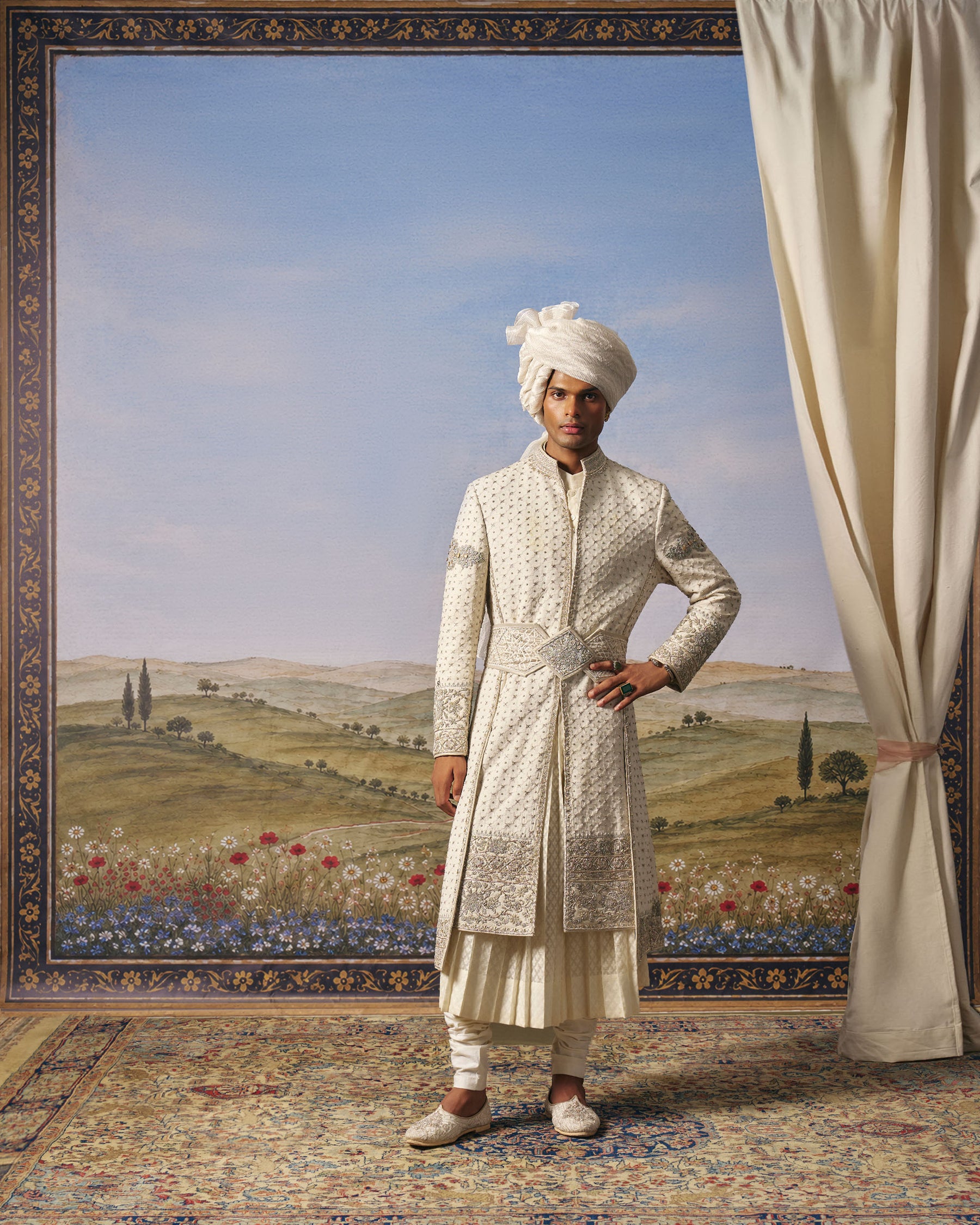 Ivory Chikankari Layered Sherwani