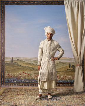 Ivory Chikankari Layered Sherwani
