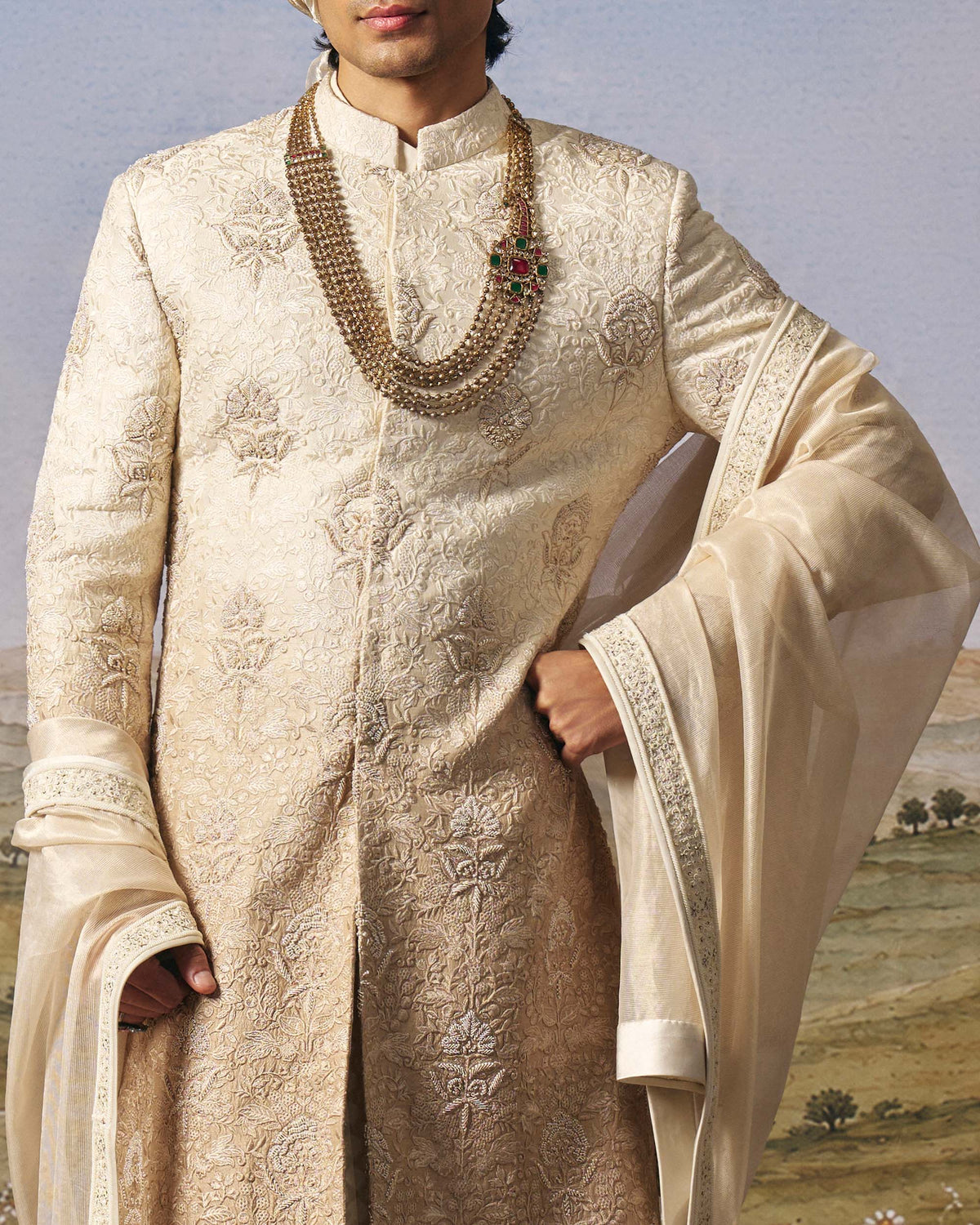 Ivory Ombre Floral Sherwani Set