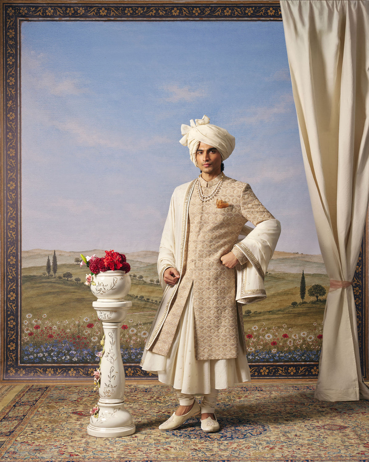 Beige Hexagon Sherwani Set