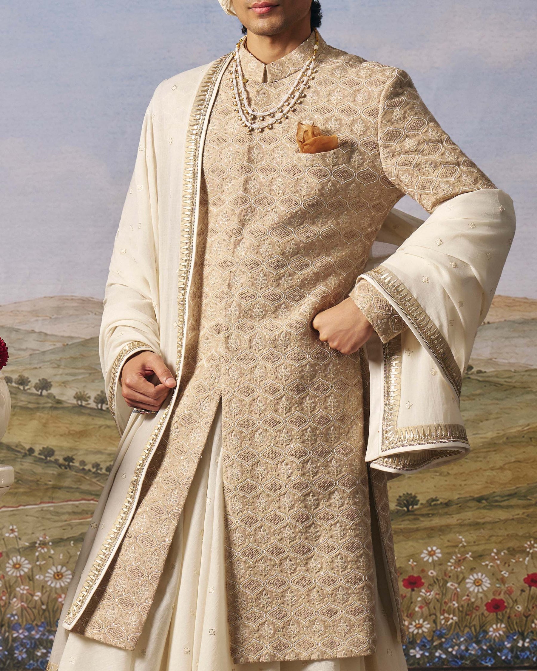 Beige Hexagon Sherwani Set